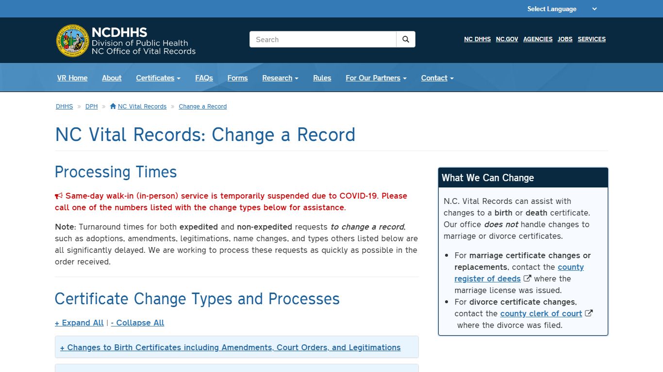 NCDHHS: DPH: NC Vital Records: Change a Record